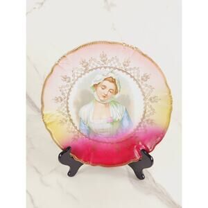 Victorian Woman Portrait German Blenheim China 9 3/4" V. Bernard Pink 1900-1940